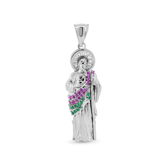 Rhodium Plated 925 Sterling Silver Multicolor CZ 3D Saint Jude Thaddeus Pendant