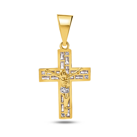 14k Yellow Gold Crucifix Baguette CZ Jesus Cross Catholic Christian Pendant
