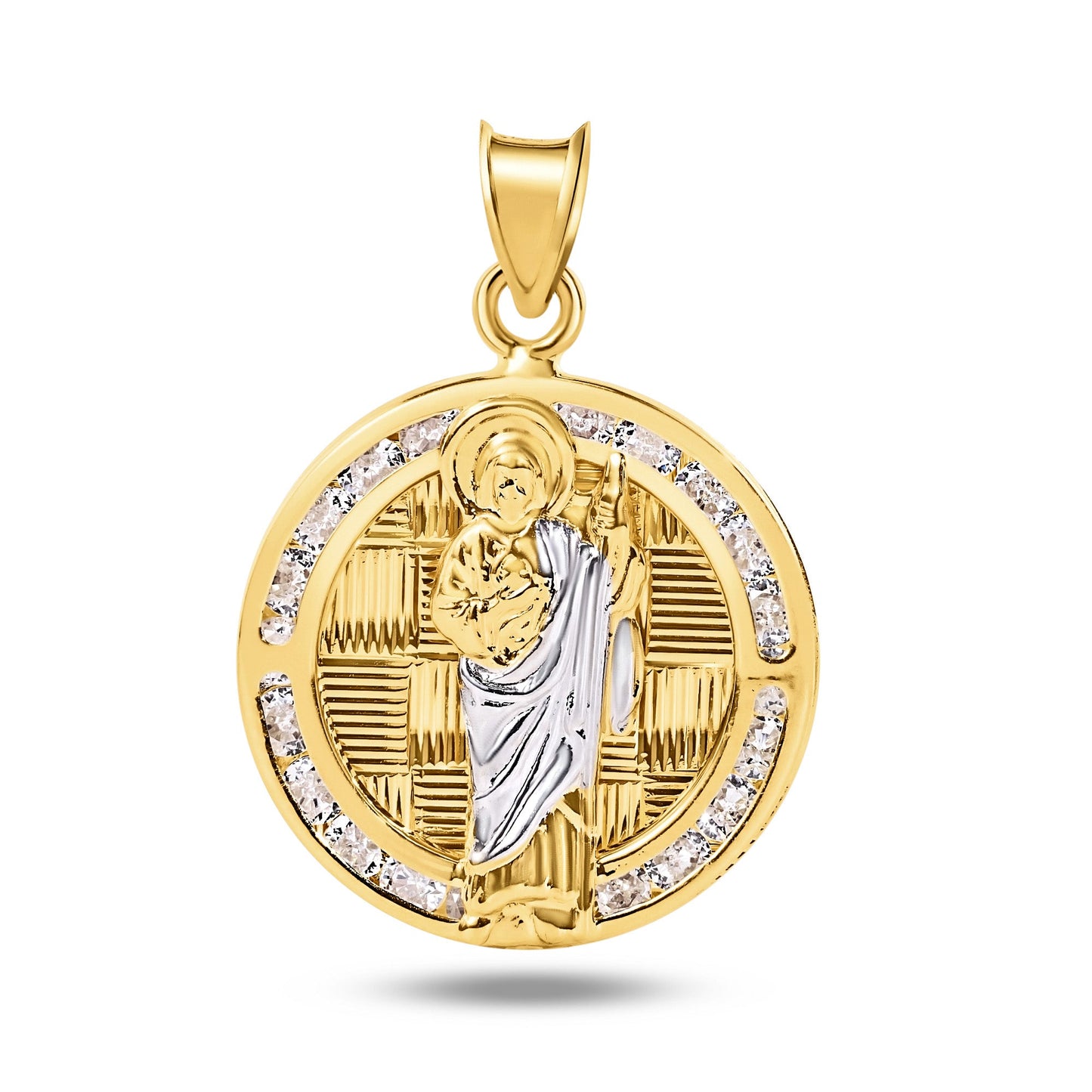14k Yellow Gold St Saint Jude Clear CZ Diamond Cut Round Medallion Charm Pendant