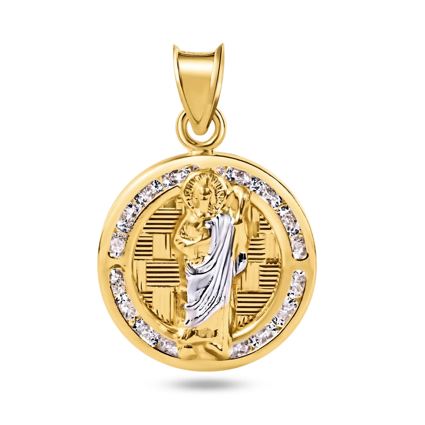 14k Yellow Gold St Saint Jude Clear CZ Diamond Cut Round Medallion Charm Pendant