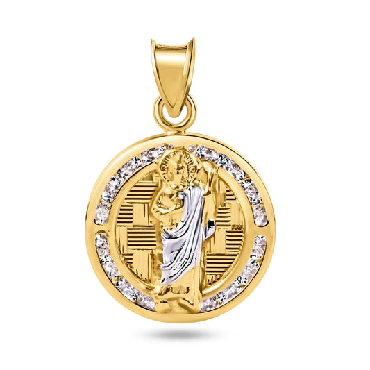 14k Yellow Gold St Saint Jude Clear CZ Diamond Cut Round Medallion Charm Pendant