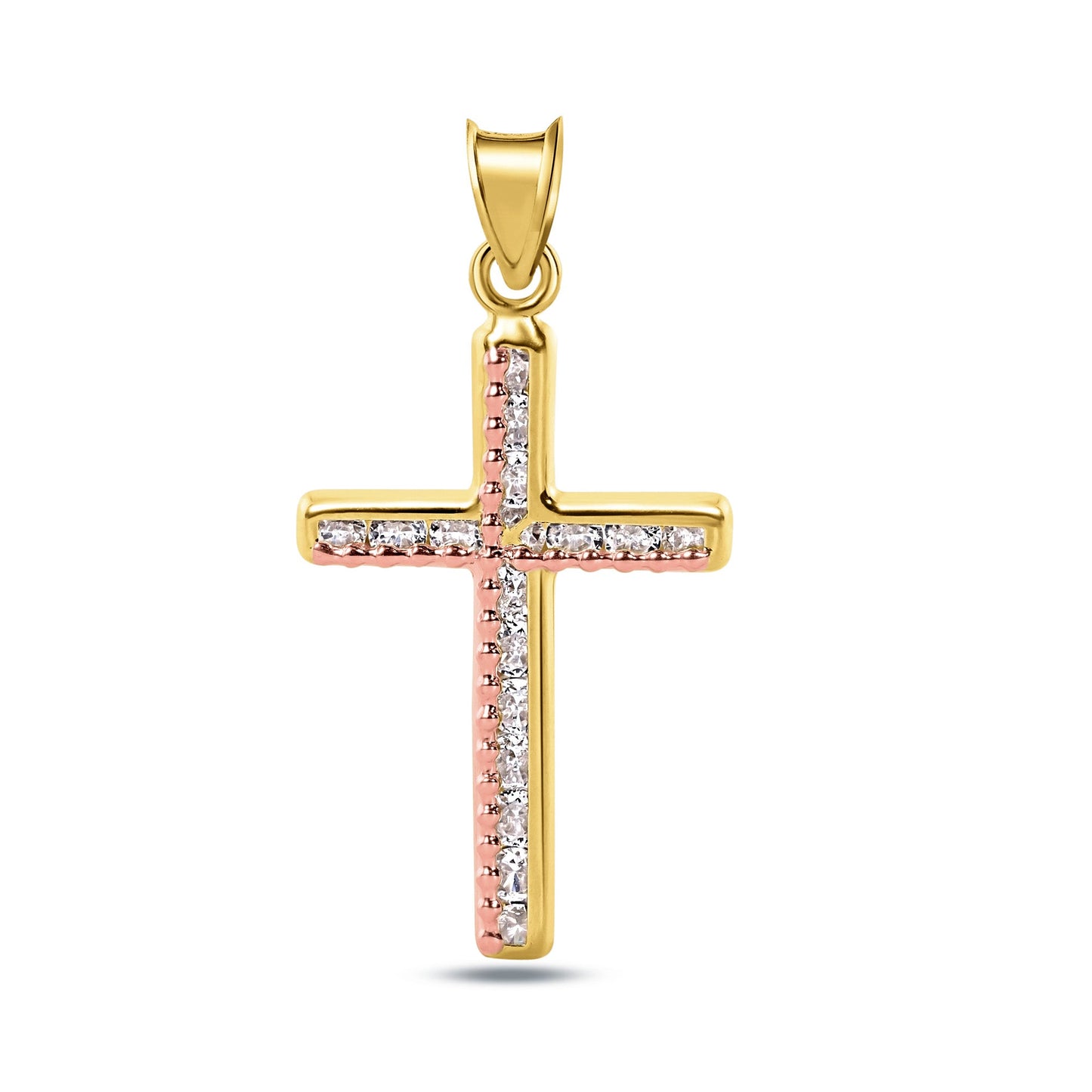 14k Rose Yellow Gold Beaded Cross Catholic Christian Jesus Clear CZ Pendant