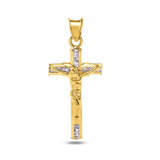 14k Yellow Gold Crucifix Catholic Christian Jesus Cross Clear CZ Pendant Charm