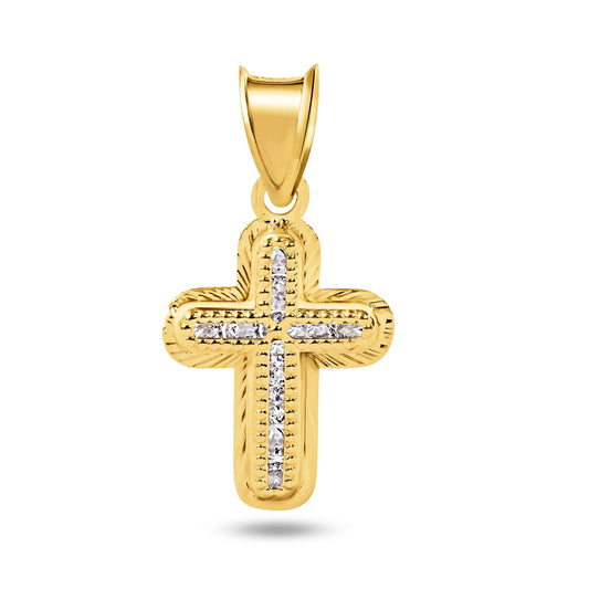 14k Yellow Gold Diamond Cut Beaded Crucifix Cross Christian Clear CZ Pendant