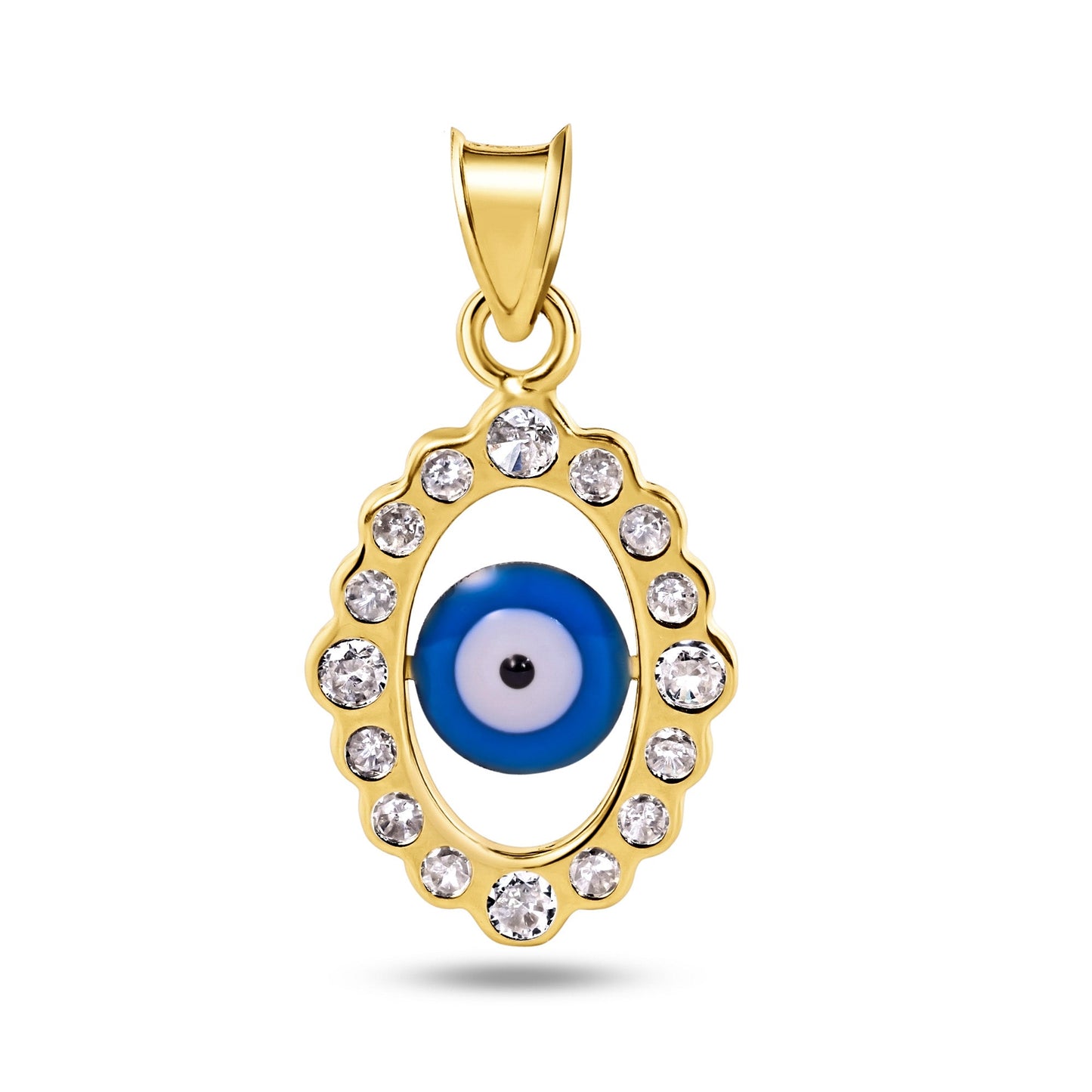 14k Yellow Gold Evil Eye Clear CZ Good Luck Halo Oval Cutout Charm Pendant