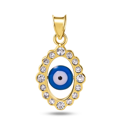 14k Yellow Gold Evil Eye Clear CZ Good Luck Halo Oval Cutout Charm Pendant