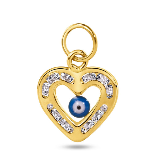 14k Yellow Gold Heart Evil Eye Clear CZ Promise Love Good Luck Charm Pendant