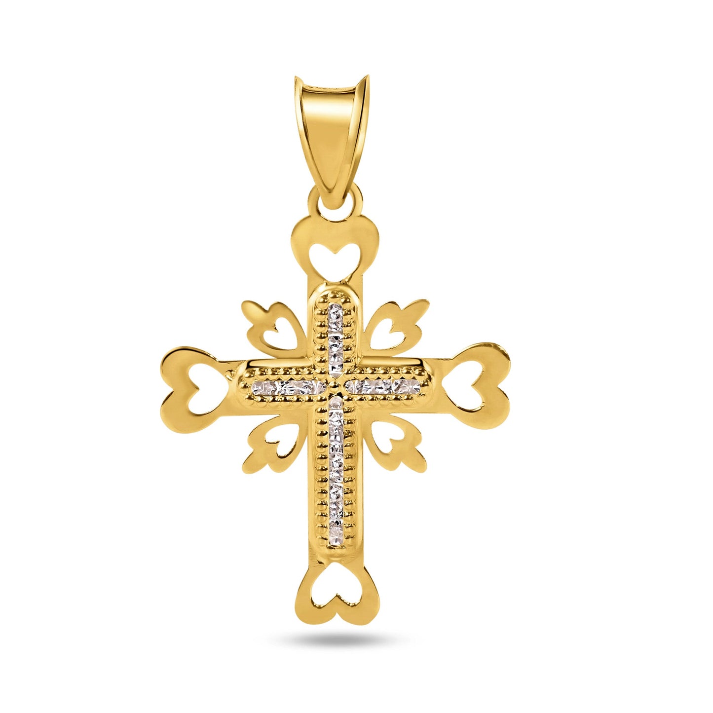 14k Yellow Gold Beaded Cross Heart Cutout Clear CZ Christian Jesus Charm Pendant