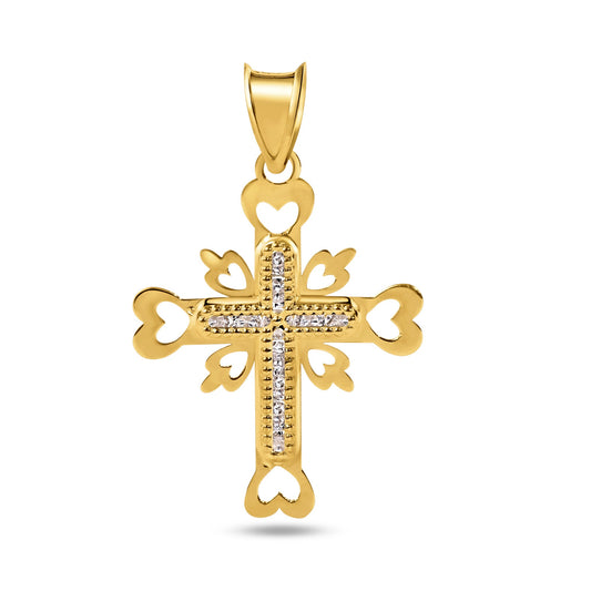 14k Yellow Gold Beaded Cross Heart Cutout Clear CZ Christian Jesus Charm Pendant