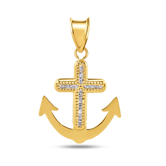 14k Yellow Gold Anchor Beaded Cross Clear CZ Mariner Jesus Christian Pendant