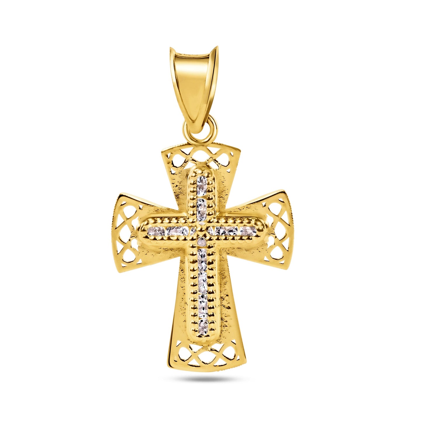 14k Yellow Gold Beaded Cross Clear CZ Cutout Christian Jesus Catholic Pendant