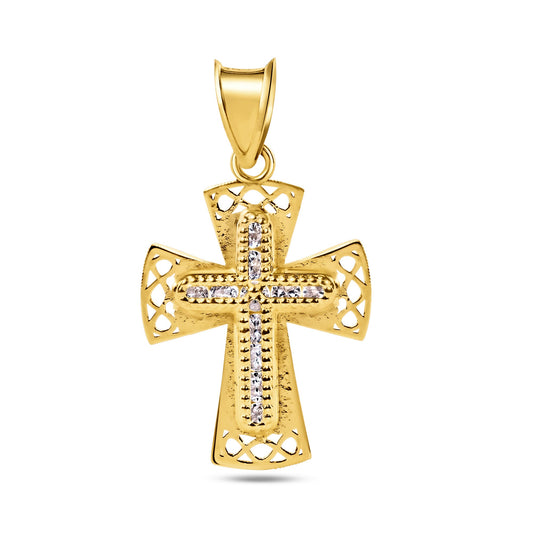14k Yellow Gold Beaded Cross Clear CZ Cutout Christian Jesus Catholic Pendant