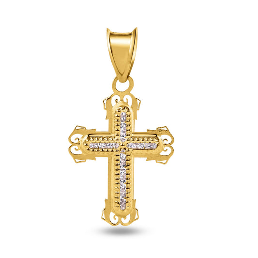 14k Yellow Gold Cross Bordered Cross Clear CZ Christian Jesus Crucifix Pendant