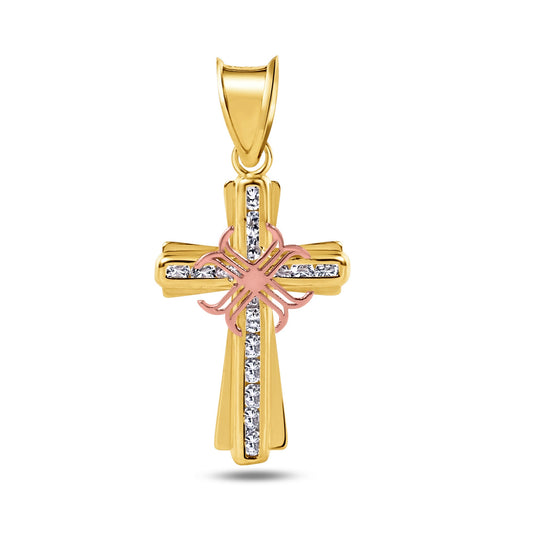 14k Gold Yellow Rose Flower Cross Two Tone Clear CZ Christian Crucifix Pendant
