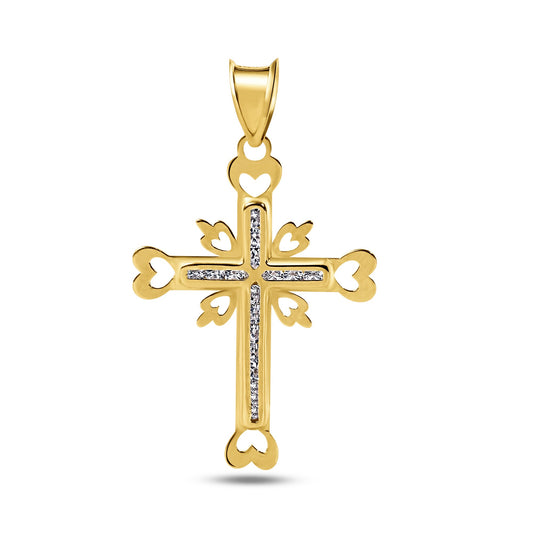 14k Yellow Gold Cross Heart Cutout Clear CZ Promise Jesus Catholic Pendant