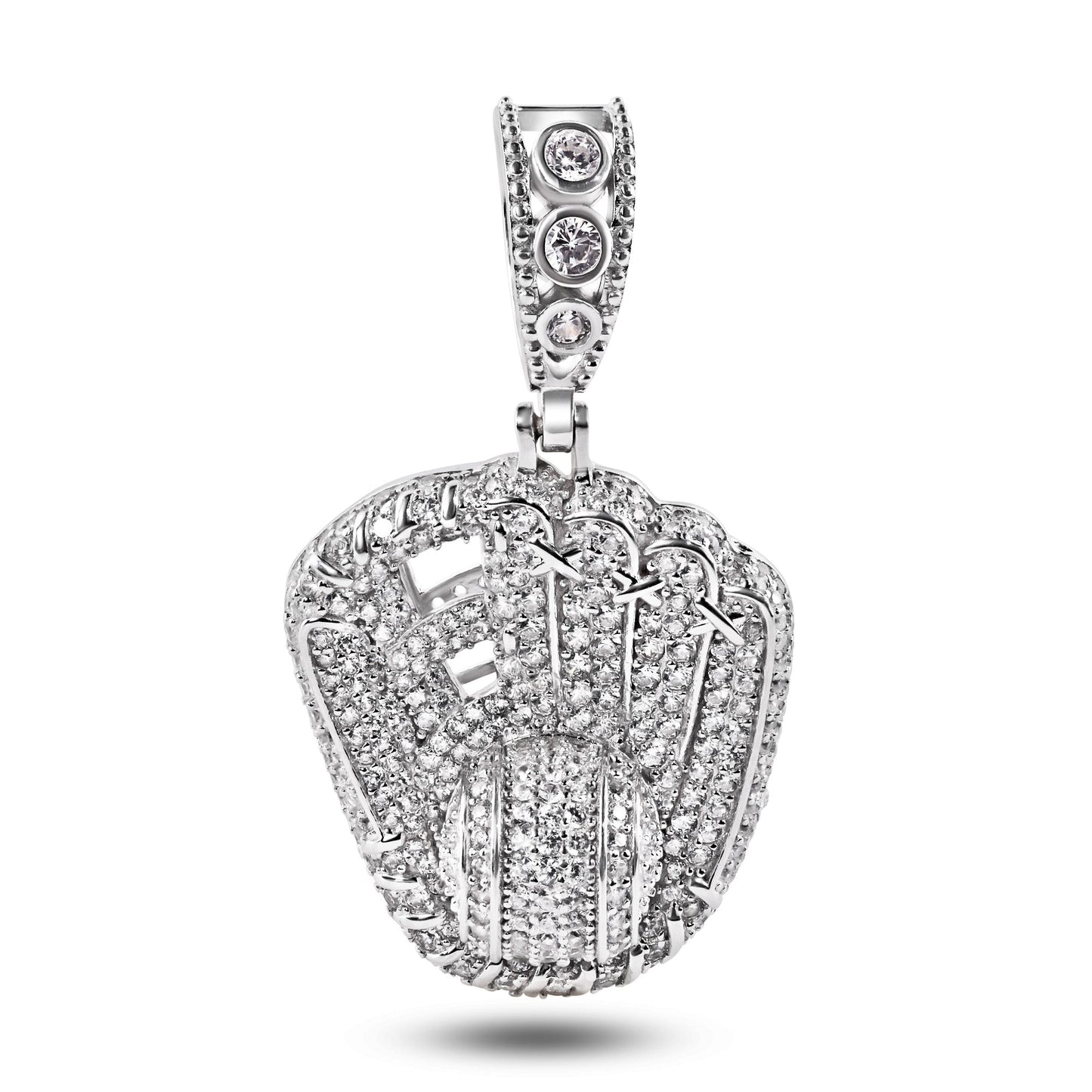 Rhodium Plated 925 Sterling Silver Baseball Glove Clear CZ Sports Ball Pendant