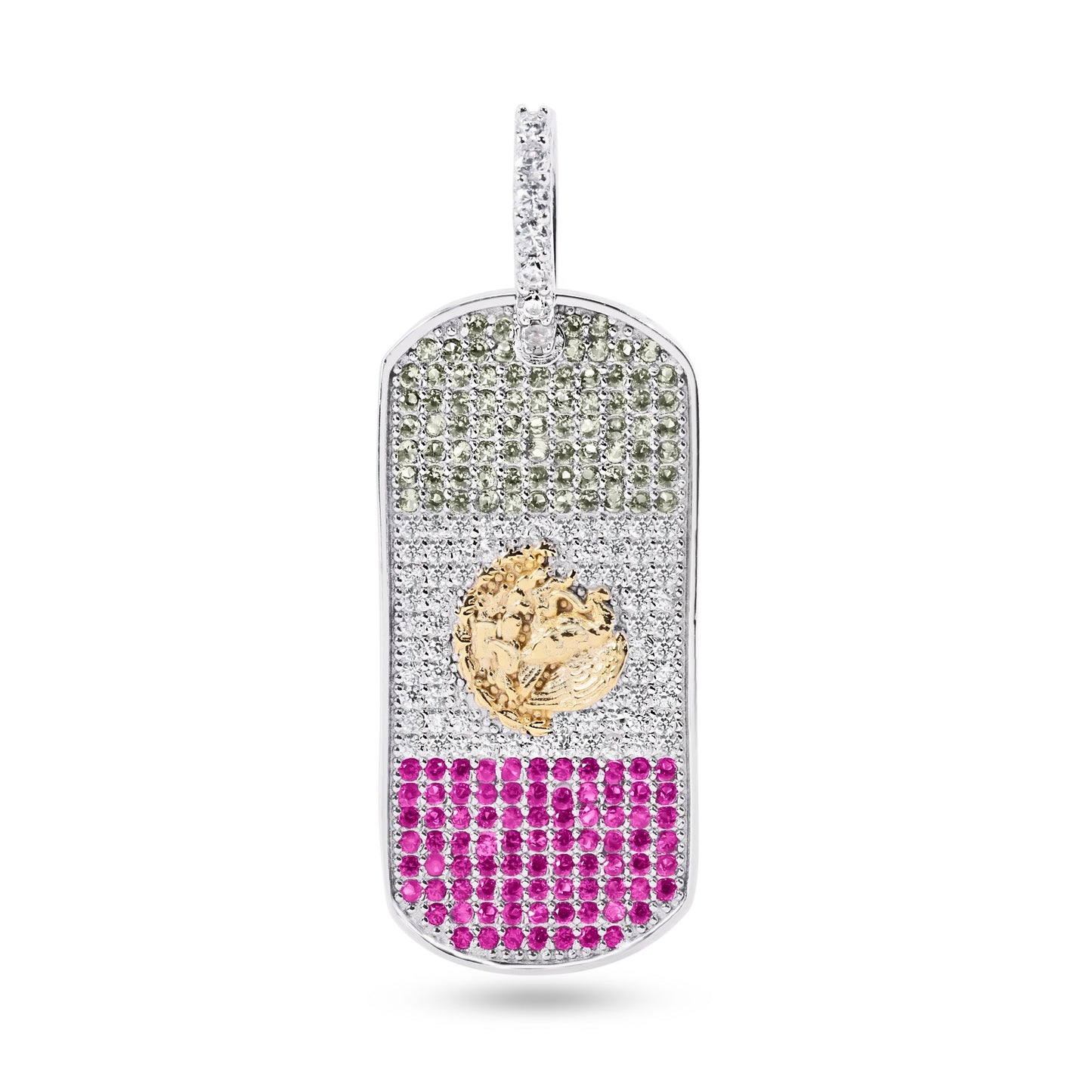 Rhodium Plated 925 Sterling Silver Oval Mexico Flag Dogtag Multicolor CZ Pendant