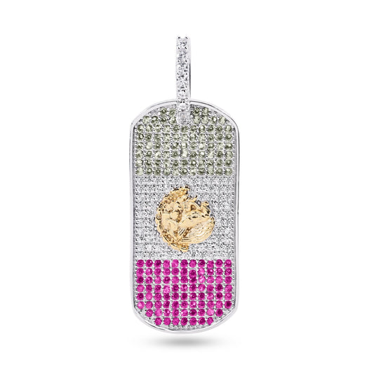 Rhodium Plated 925 Sterling Silver Oval Mexico Flag Dogtag Multicolor CZ Pendant