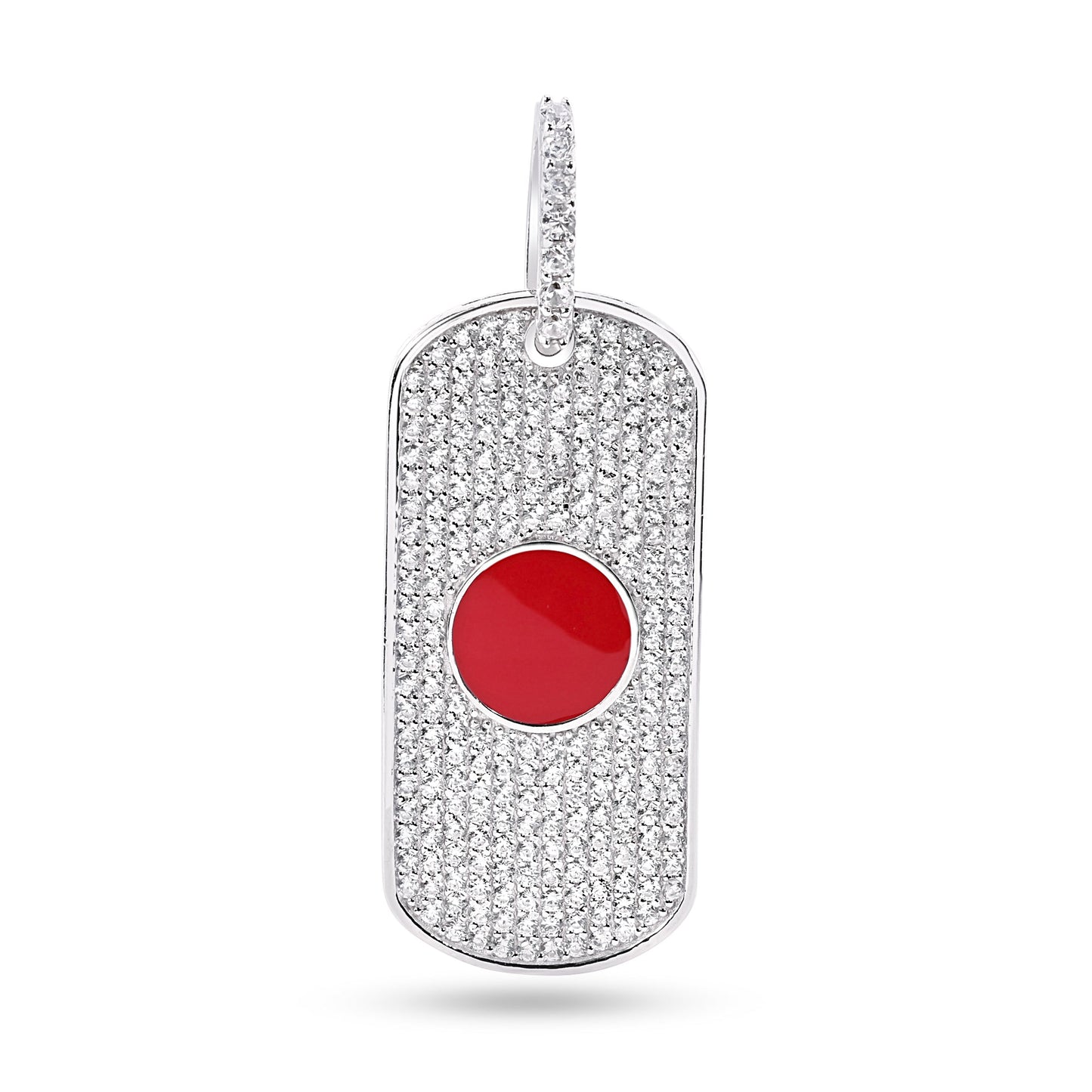 Rhodium Plated 925 Sterling Silver Rectangular Japan Flag Clear Red CZ Pendant