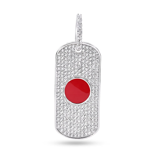 Rhodium Plated 925 Sterling Silver Rectangular Japan Flag Clear Red CZ Pendant
