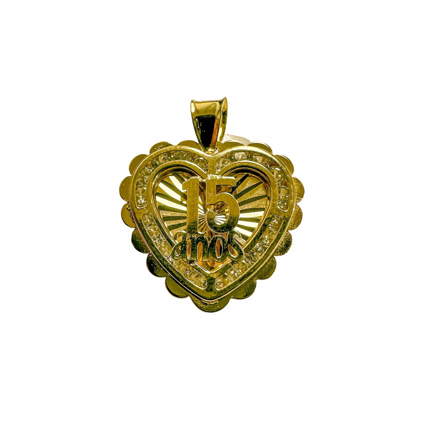 14k Yellow Gold Heart Diamond-Cut CZ Quinceañera 15 Anos Birthday Pendant
