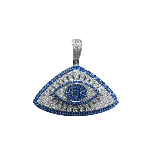 Rhodium Plated 925 Sterling Silver CZ Encrusted Eye Clear and Blue CZ Pendant