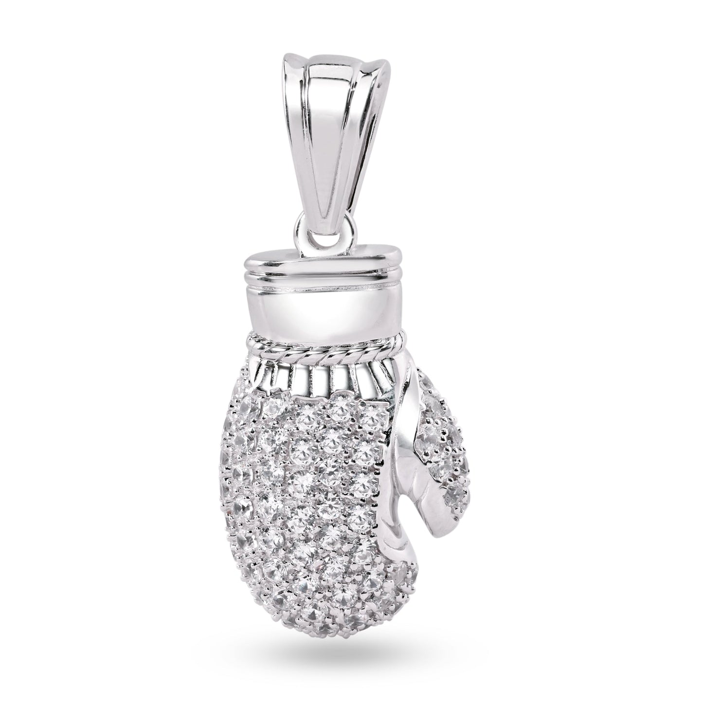 Rhodium Plated 925 Sterling Silver 3D Boxing Gloves Clear CZ Fight Sport Pendant