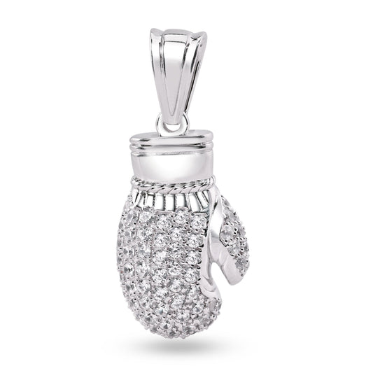 Rhodium Plated 925 Sterling Silver 3D Boxing Gloves Clear CZ Fight Sport Pendant