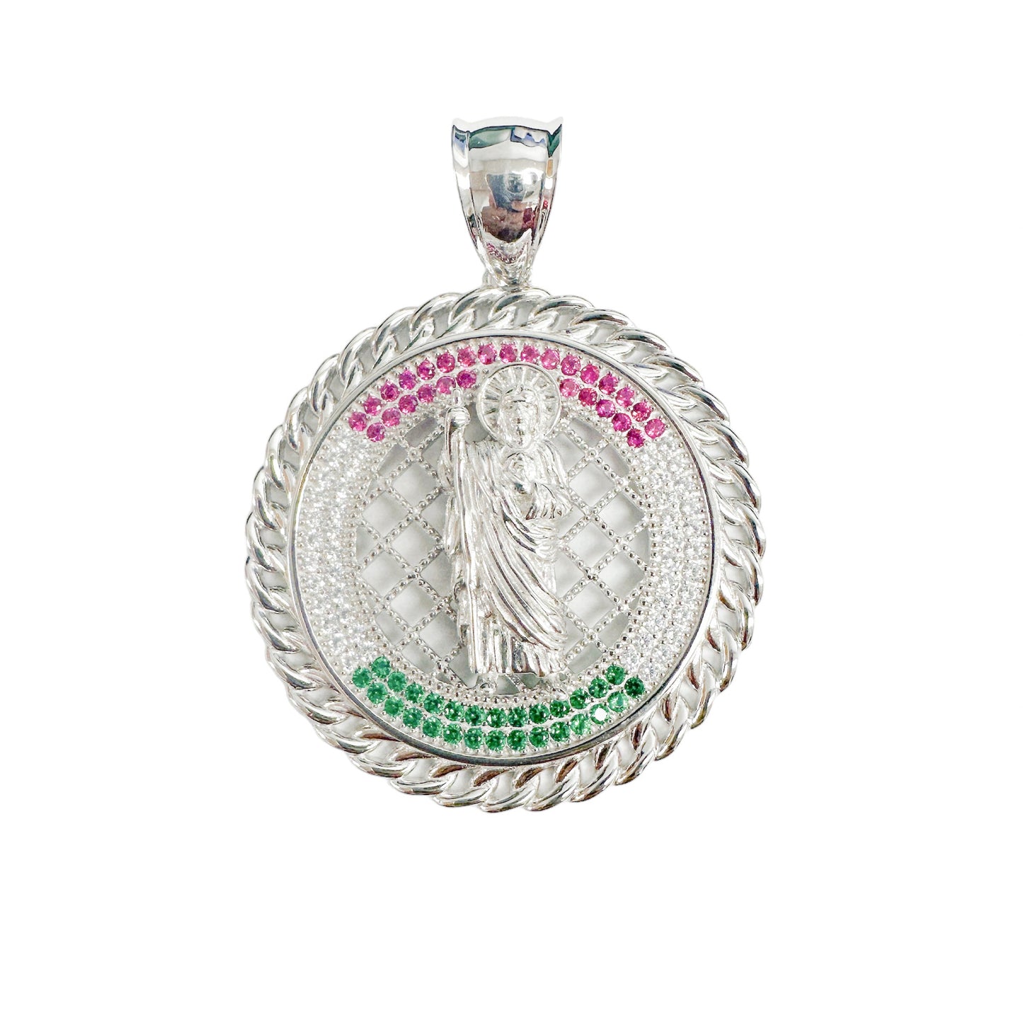 Rhodium Plated 925 Sterling Silver Saint Jude Clear Green Red CZ Charm Pendant