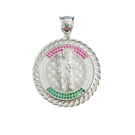 Rhodium Plated 925 Sterling Silver Saint Jude Clear Green Red CZ Charm Pendant
