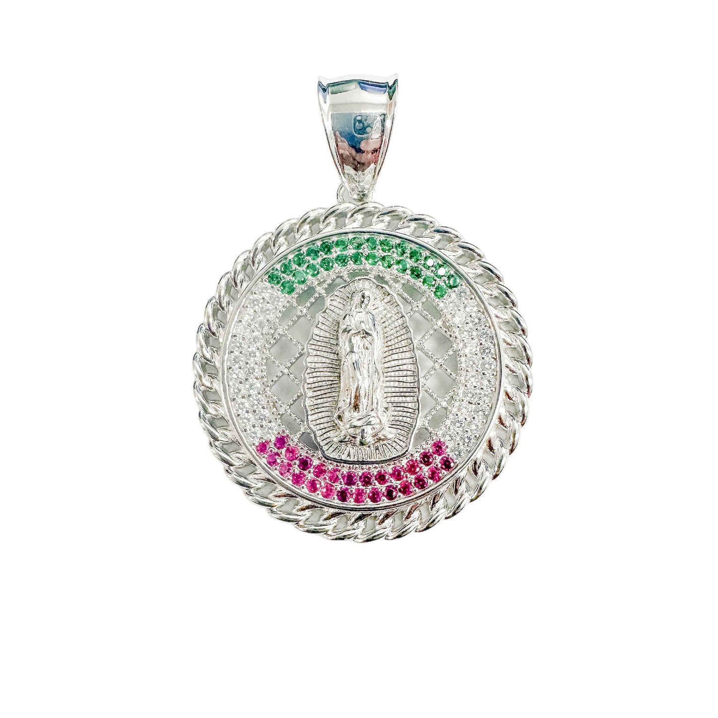 Rhodium Plated 925 Sterling Silver Our Lady of Guadalupe Green Red CZ Pendant