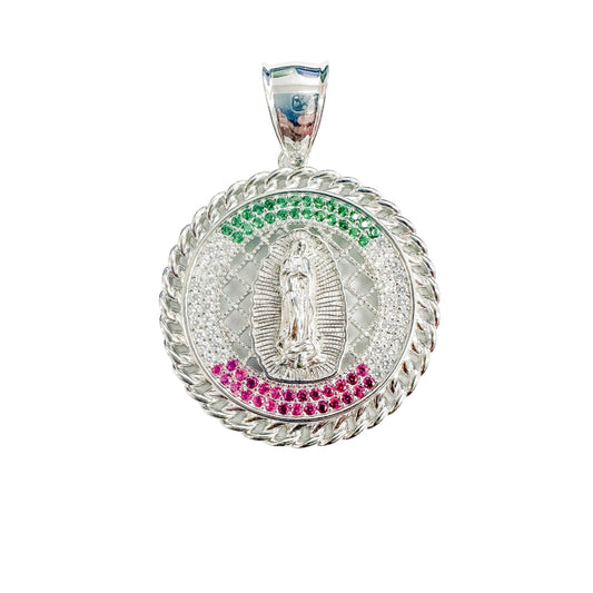 Rhodium Plated 925 Sterling Silver Our Lady of Guadalupe Green Red CZ Pendant