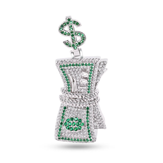 Rhodium Plated 925 Sterling Silver Bundle of Cash CZ Money $ Dollar Bill Pendant