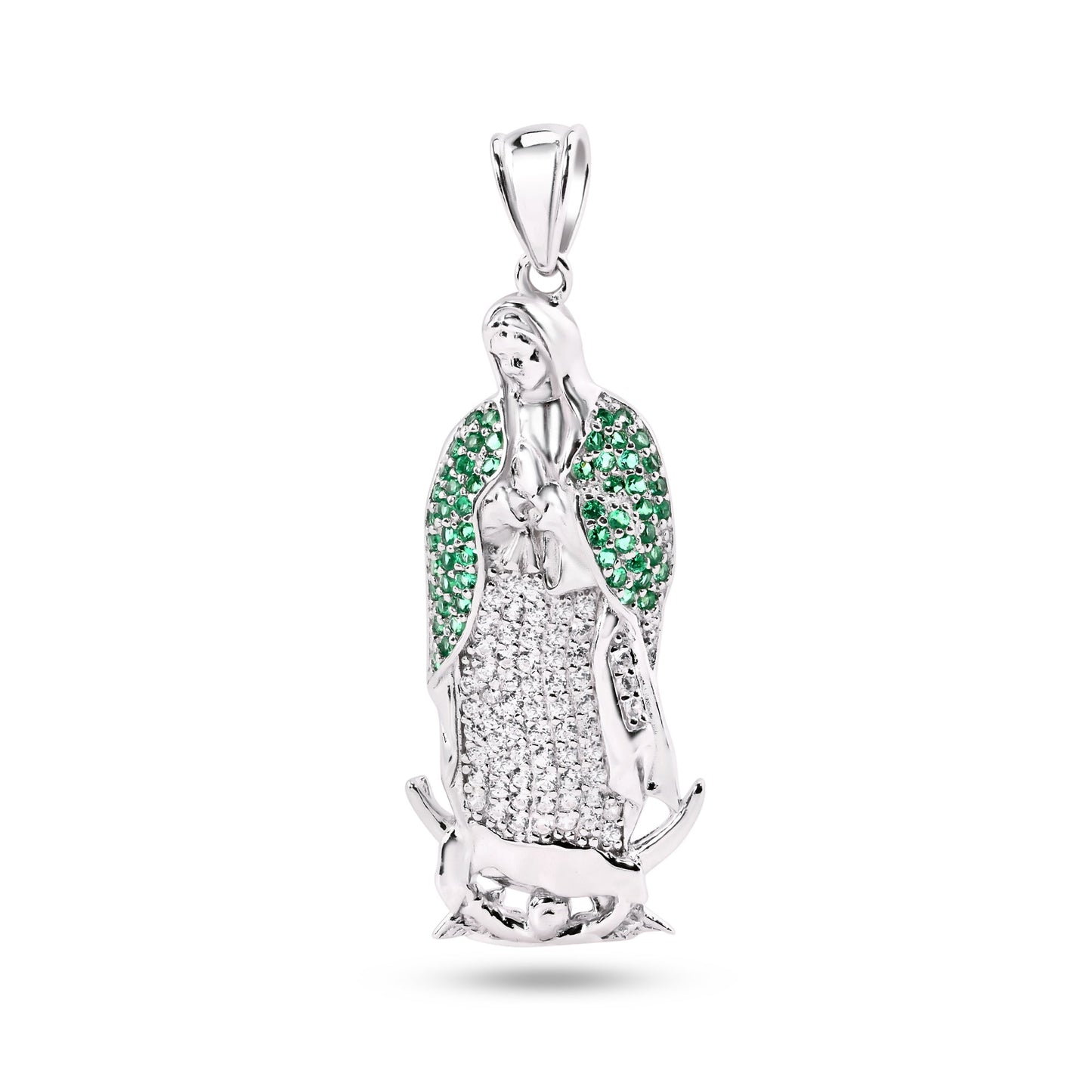 Rhodium Plated 925 Sterling Silver Virgin Mother Mary Clear Green CZ Pendant