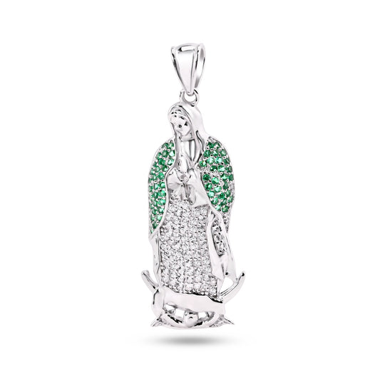 Rhodium Plated 925 Sterling Silver Virgin Mother Mary Clear Green CZ Pendant