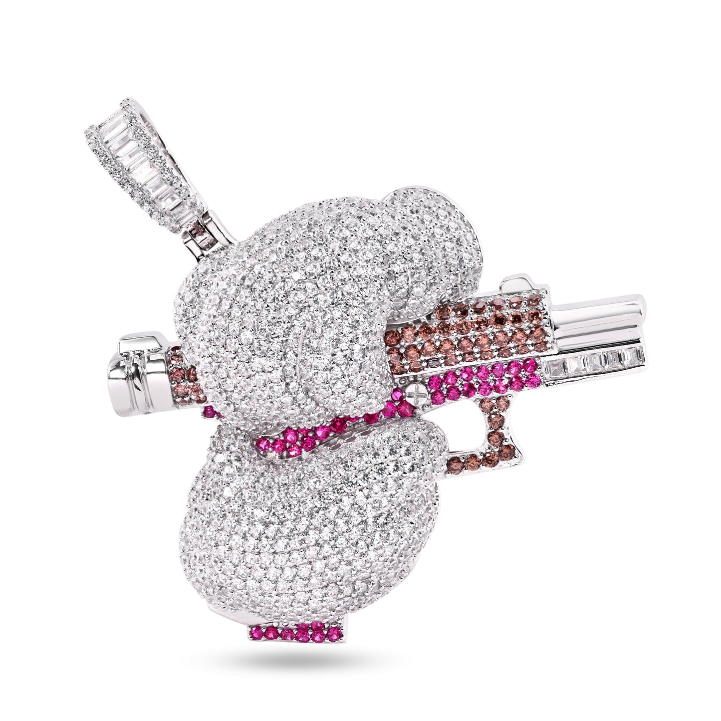 Rhodium Plated 925 Sterling Silver Cocking Gun Hand Pistol Gangster CZ Pendant