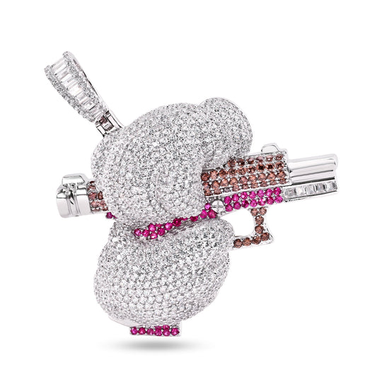 Rhodium Plated 925 Sterling Silver Cocking Gun Hand Pistol Gangster CZ Pendant