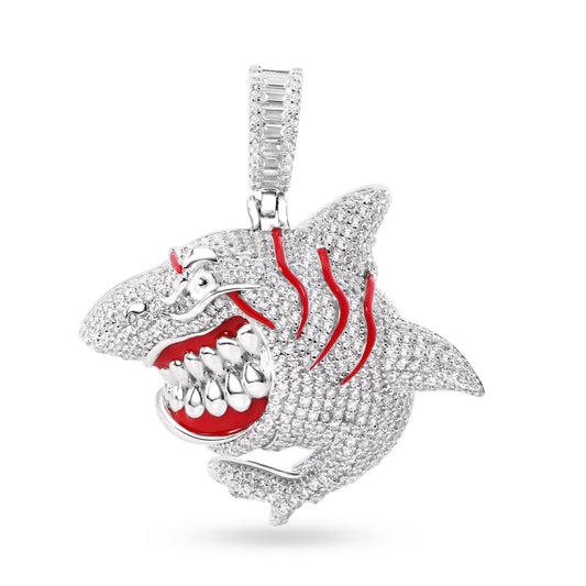 Rhodium Plated 925 Sterling Silver Angry Shark Red Enamel Clear CZ Pendant