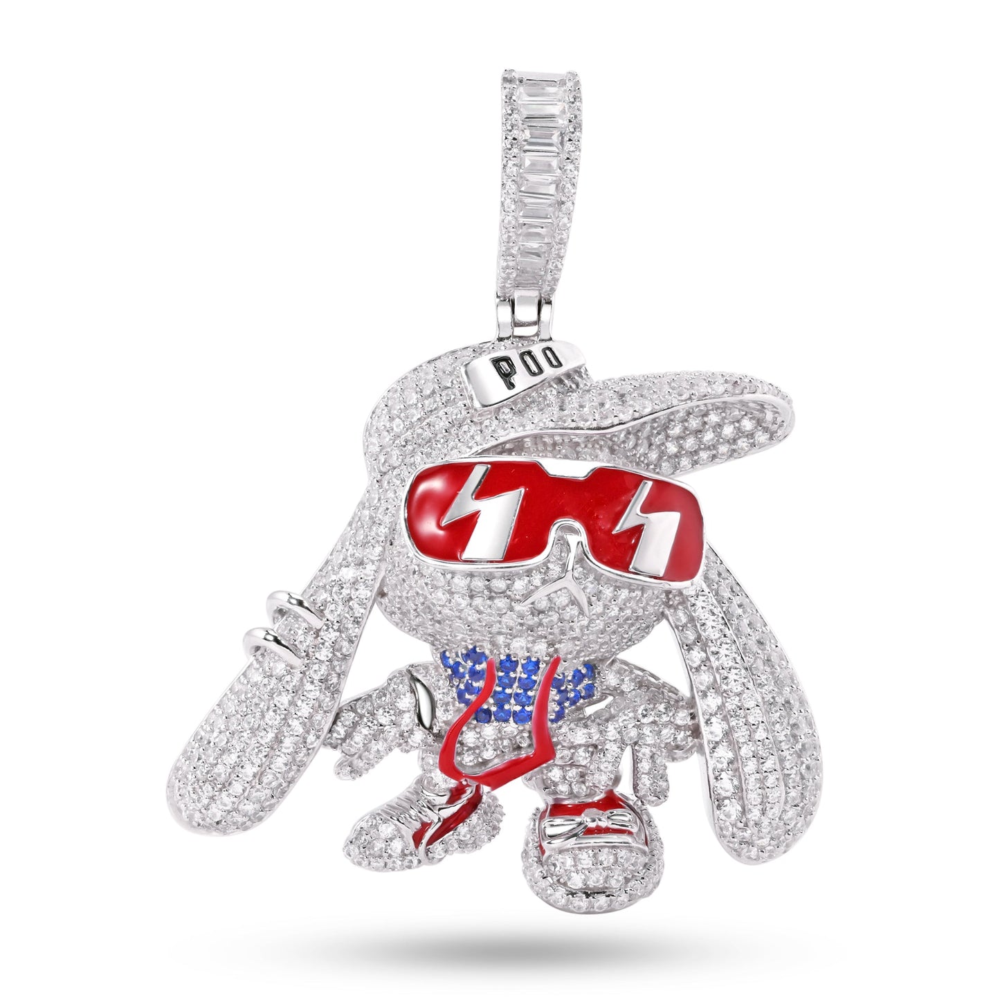 Rhodium Plated 925 Sterling Silver Hip Hop Bunny Clear CZ Glasses Enamel Pendant