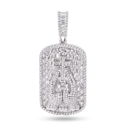 Rhodium Plated 925 Sterling Silver Praying Hands Cross Clear CZ Dogtag Pendant