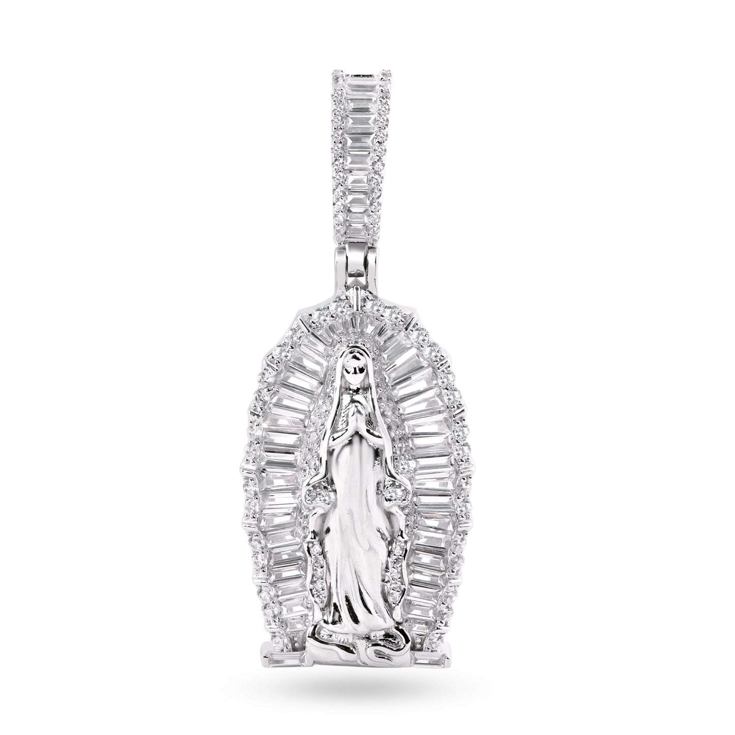 Rhodium Plated 925 Sterling Silver Our Lady Of Guadalupe Clear CZ Pendant