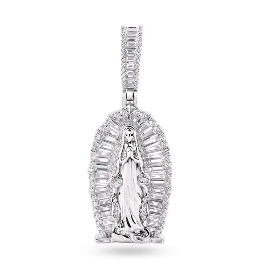 Rhodium Plated 925 Sterling Silver Our Lady Of Guadalupe Clear CZ Pendant