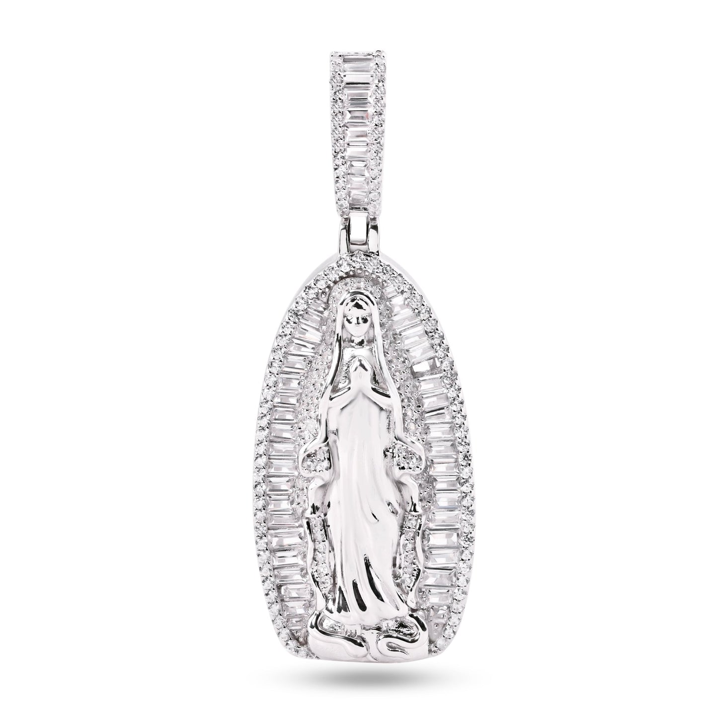 Rhodium Plated 925 Sterling Silver Our Lady Of Guadalupe Baguette CZ Pendant