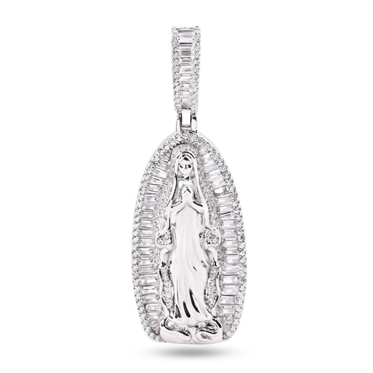 Rhodium Plated 925 Sterling Silver Our Lady Of Guadalupe Baguette CZ Pendant