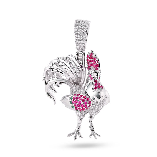 Rhodium Plated 925 Sterling Silver Rooster Red CZ Animal Farm Chicken Pendant