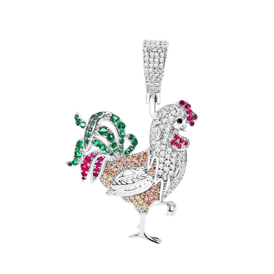 Rhodium Plated 925 Sterling Silver Chicken Multicolor CZ Farm Animal Hen Pendant