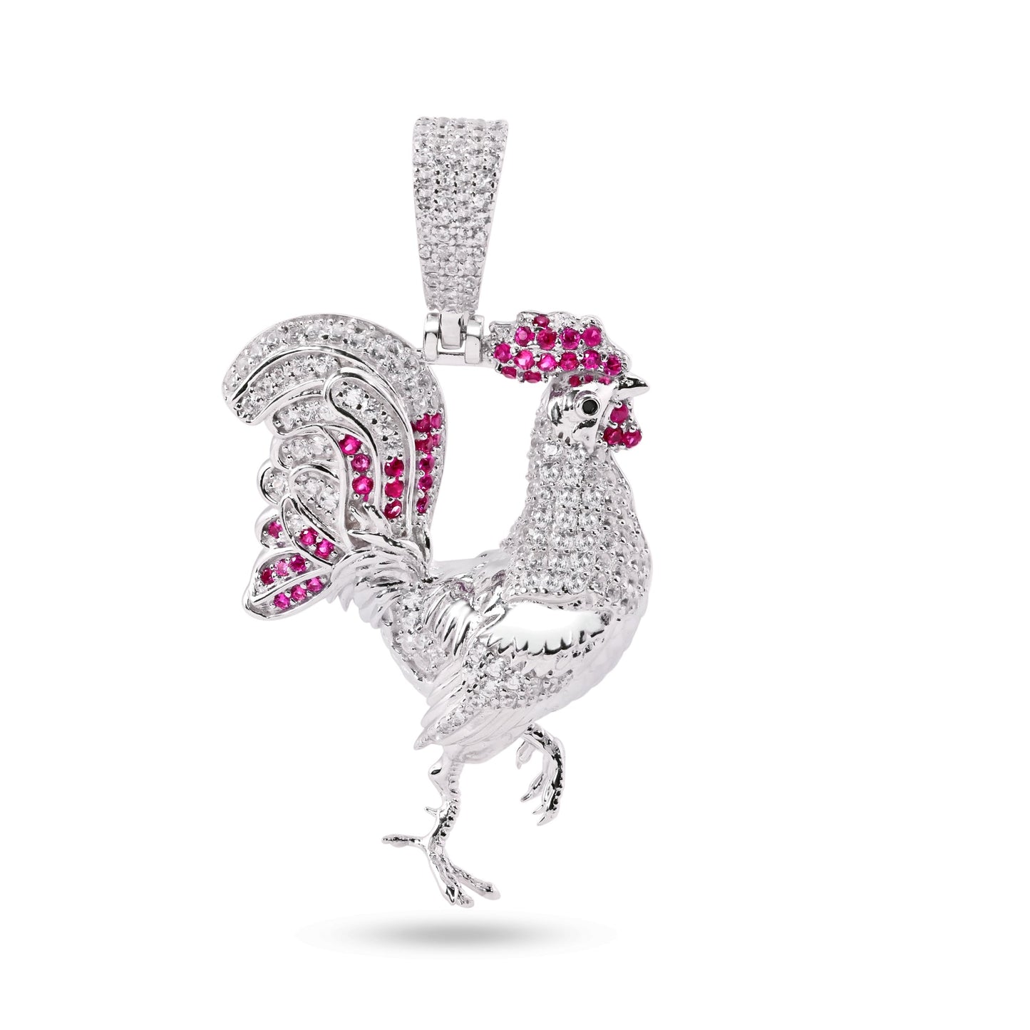 Rhodium Plated 925 Sterling Silver Rooster Red CZ Farm Animal Chicken Pendant