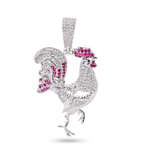 Rhodium Plated 925 Sterling Silver Rooster Red CZ Farm Animal Chicken Pendant