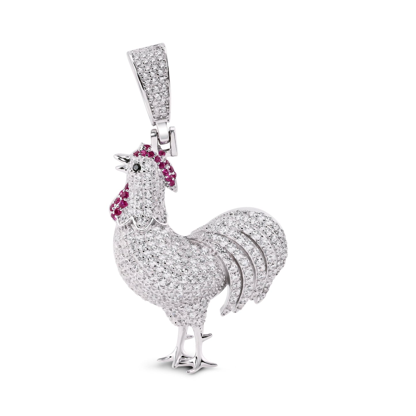 Rhodium Plated 925 Sterling Silver Chicken Red and Clear CZ Farm Animal Pendant