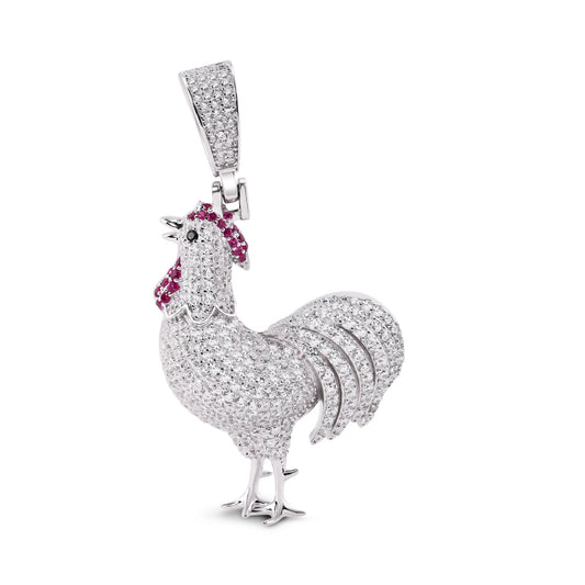 Rhodium Plated 925 Sterling Silver Chicken Red and Clear CZ Farm Animal Pendant